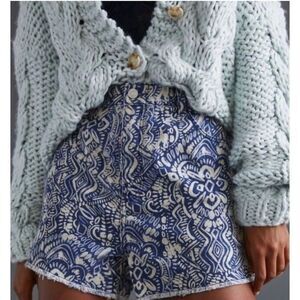 Anthropologie Blue and Cream Printed High-Waist Shorts